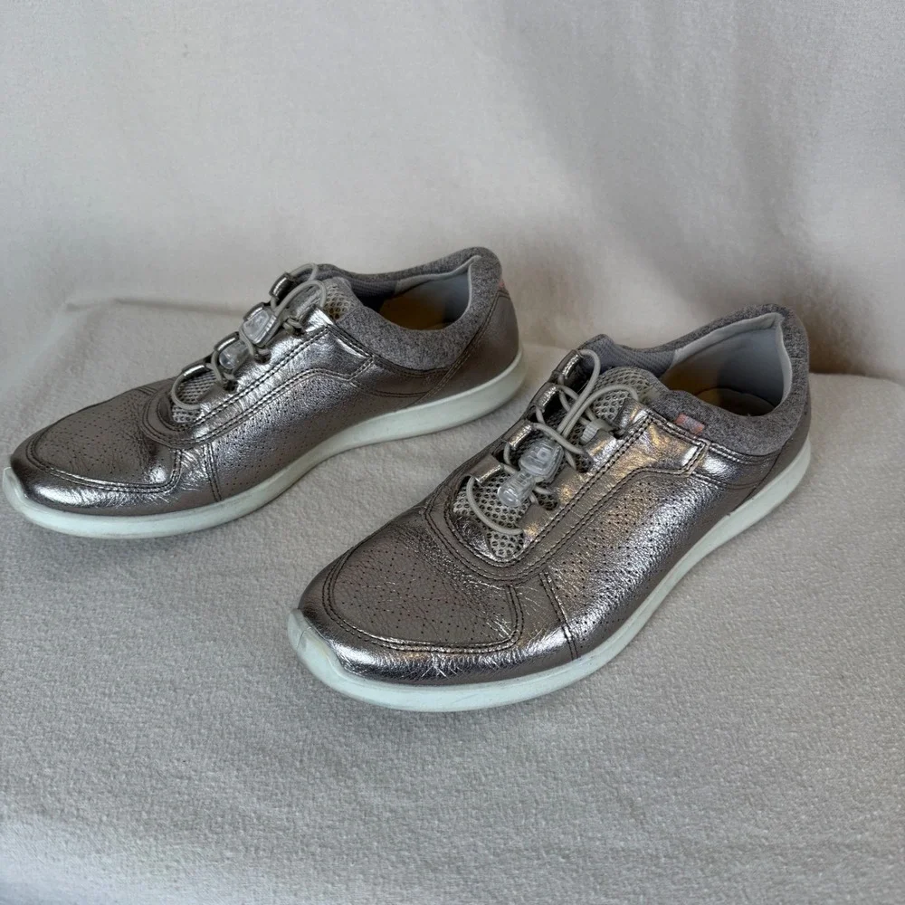 ECCO Soft 7 Metallic Leather‎ Bungee Lace Sneakers Pewter Women 41 US 10-10.5
